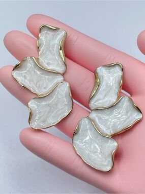 Gold White Enamel Abstract Floral Statement Earrings Glam